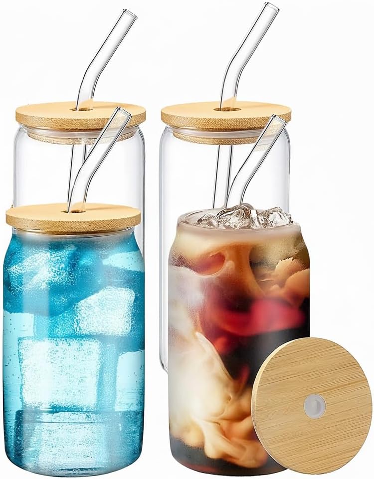 16oz Glass Cups with Bamboo Lids Set