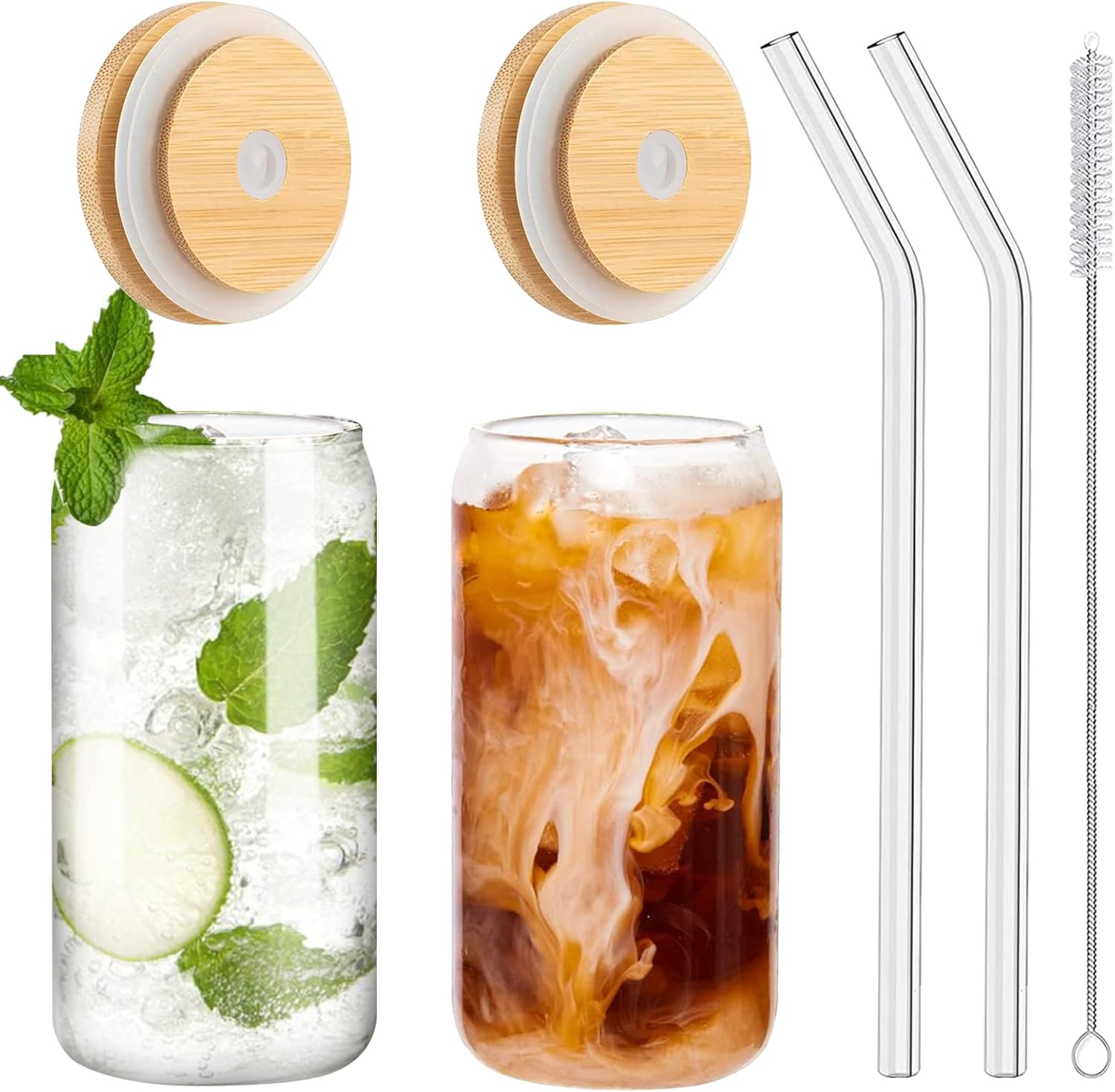 16oz Glass Cups with Bamboo Lids Set